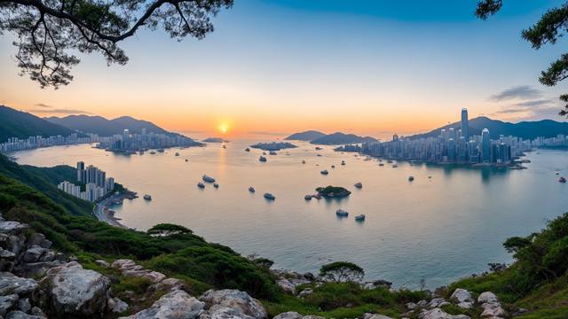 感受平面如镜的香港浅水滩的海边风景图片